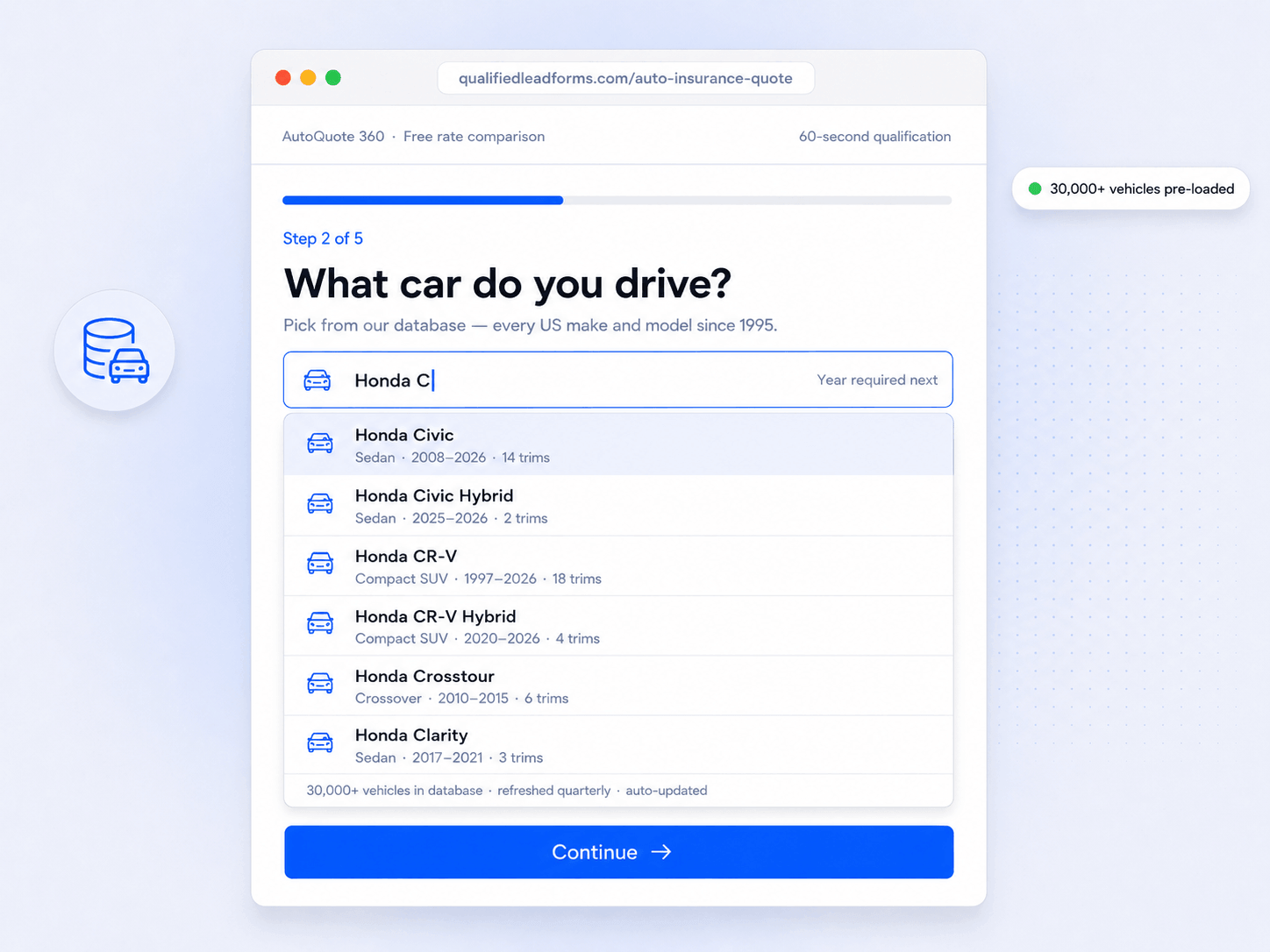 Pre-configured vehicle make and model database